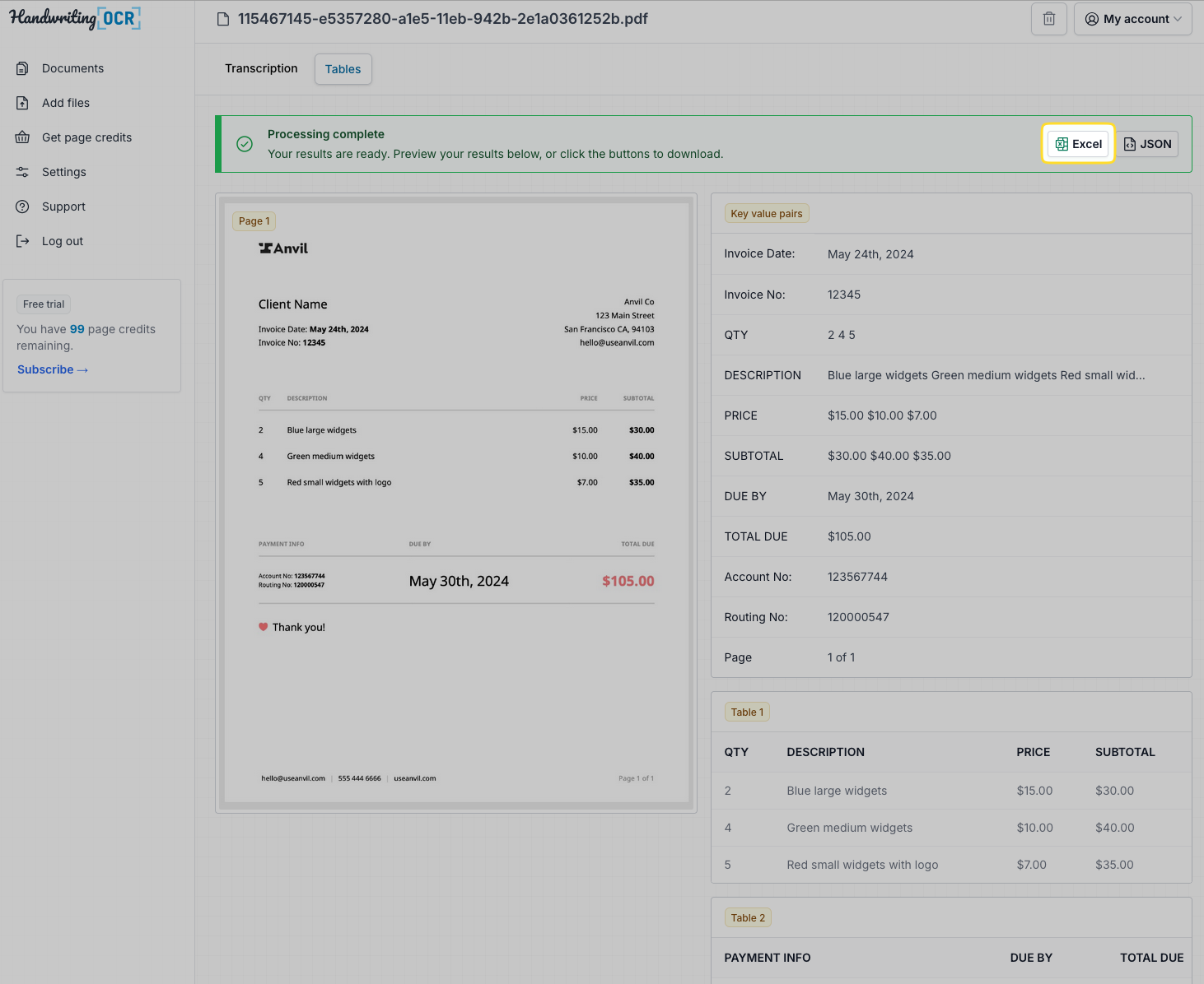 Click the Excel button to download your results.